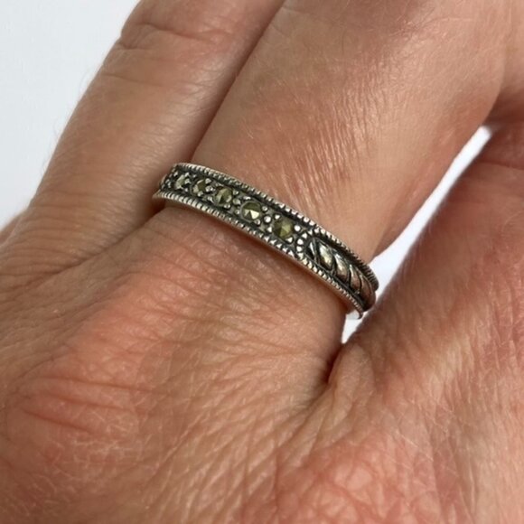 Vintage Sterling Silver 925 3.5MM Judith Jack Marcasite Rope Thin Band Ring 7.25 - Picture 1 of 16